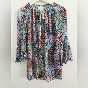 Anne Cole Colorful Swimsuit Cover up Tunic Dress Bell Sleeves M Drawstring Beach